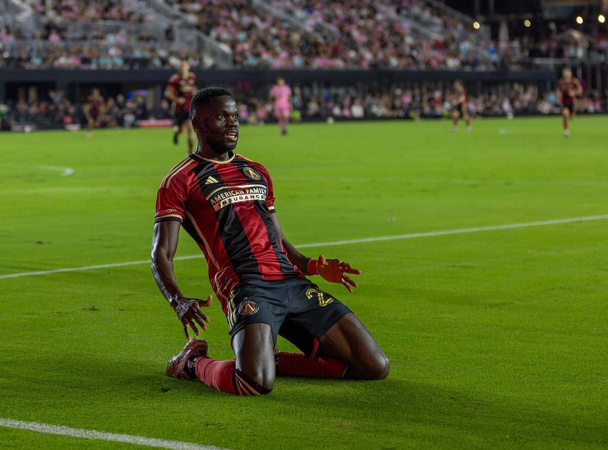 Atlanta United forward Jamal Thiaré (29) reacts after scoring a goal against Inter Miami in the first half of match three of their MLS Playoffs series at Chase Stadium on Saturday, Nov. 9, 2024, in Fort Lauderdale, Fla