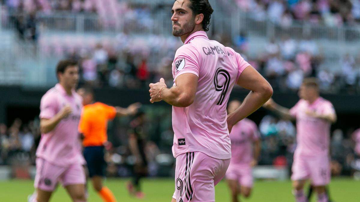 Inter Miami CF forward Leonardo Campana (9) celebrates after scoring a goal against Atlanta United FC during the first half of their MLS soccer match at DRV PNK Stadium on Sunday, April 24, 2022, in Fort Lauderdale, Florida.