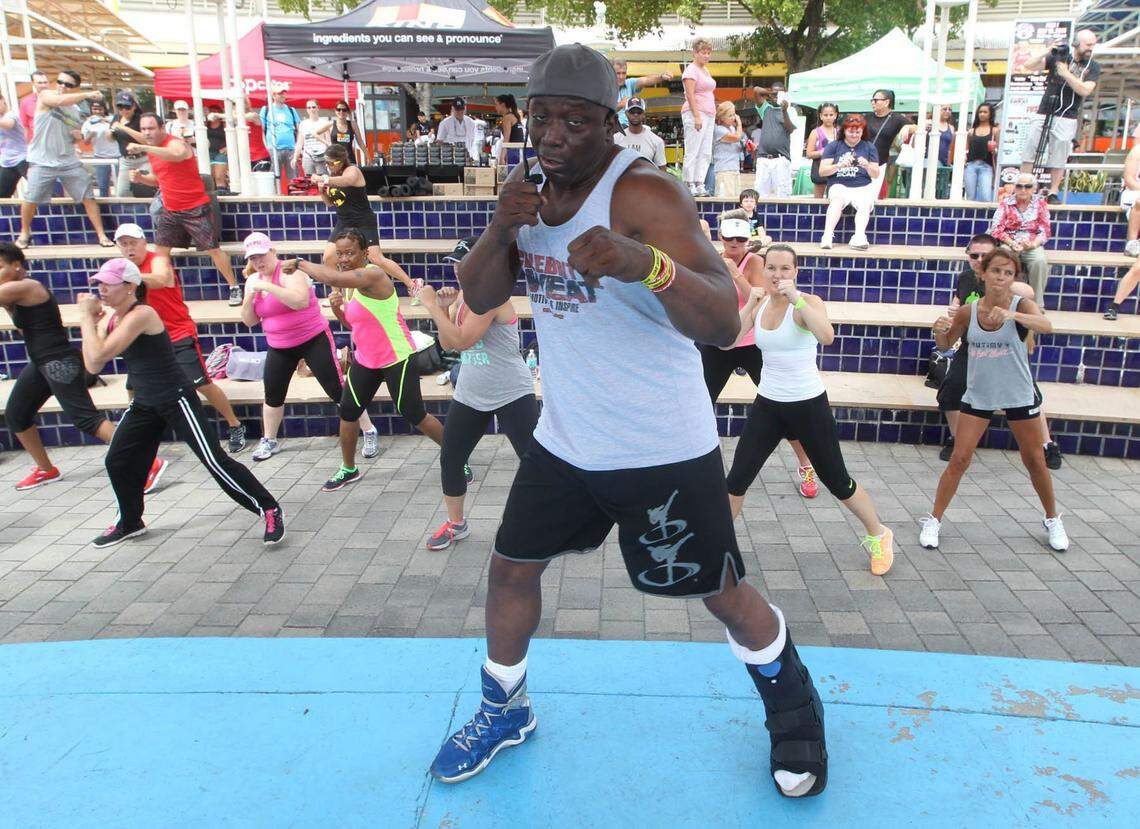 Billy Blanks on the main stage at Bayside Marketplace in 2014 for the Celebrity Sweat Fitness Expo. He conducted an open-air tae bo class for about 50 people.