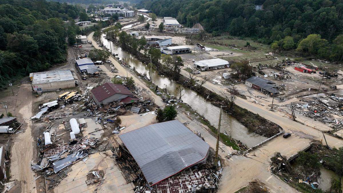 An aerial view of flood damage wrought by the remnants of Hurricane Helene in Asheville, North Carolina, in October 2024.