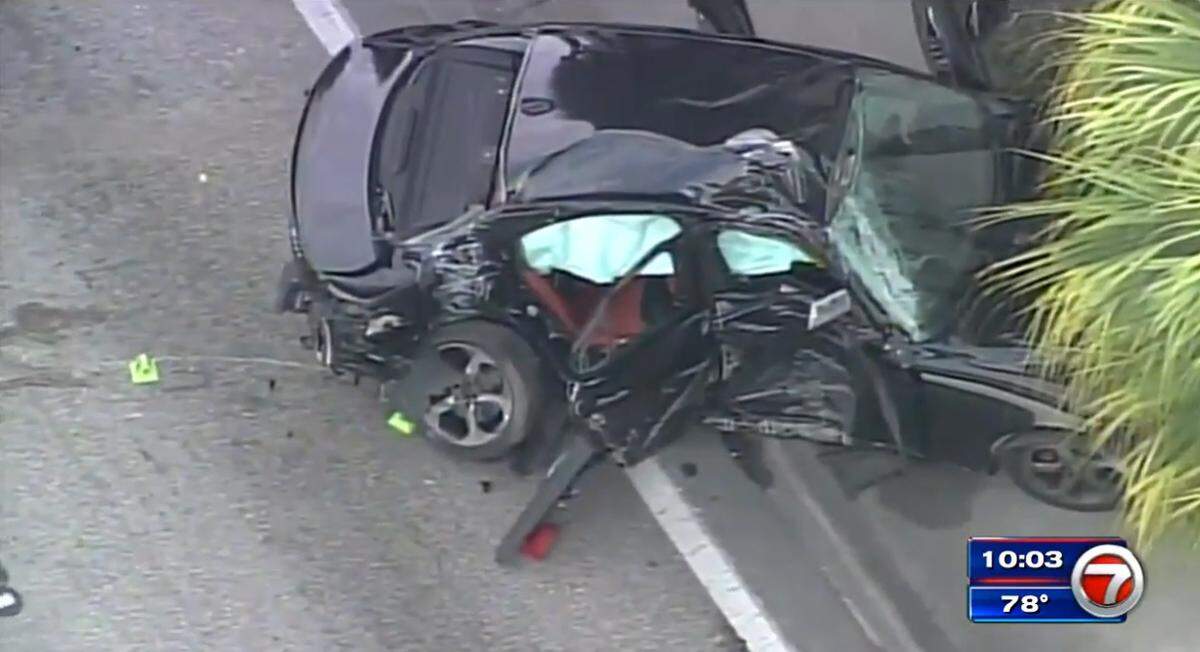 The stolen 2018 Alfa Romeo that crashed in Miami-Dade County after a police chase in November 2021. The suspected carjacker, Christopher Walls, 16, later died while in police custody.