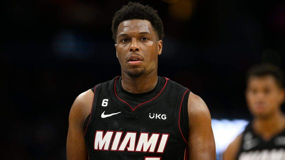 Miami Heat guard Kyle Lowry (7) looks on during the second half of an NBA basketball game against the Washington Wizards, Friday, Nov. 18, 2022, in Washington.