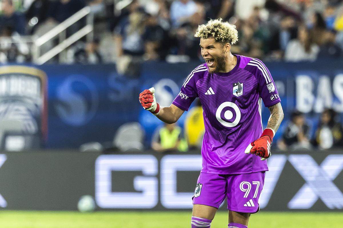 SAN DIEGO, CALIFORNIA - SEPTEMBER 13: Dayne St. Clair #97 of Minnesota United celebrates his team's victory during a game between San Diego FC and Minnesota United at Snapdragon Stadium on September 13, 2025 in San Diego, California. (Photo by Francisco Vega/Getty Images). St. Clair will join Inter Miami through 2028.