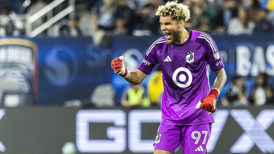 SAN DIEGO, CALIFORNIA - SEPTEMBER 13: Dayne St. Clair #97 of Minnesota United celebrates his team's victory during a game between San Diego FC and Minnesota United at Snapdragon Stadium on September 13, 2025 in San Diego, California. (Photo by Francisco Vega/Getty Images)