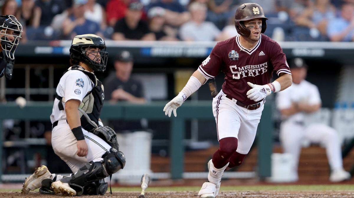 OMAHA, NEBRASKA - JUNE 30: Tanner Allen #5 of the Mississippi St. hits a double against Vanderbilt in the top of the sixth inning during game three of the College World Series Championship at TD Ameritrade Park Omaha on June 30, 2021 in Omaha, Nebraska. (Photo by Sean M. Haffey/Getty Images)