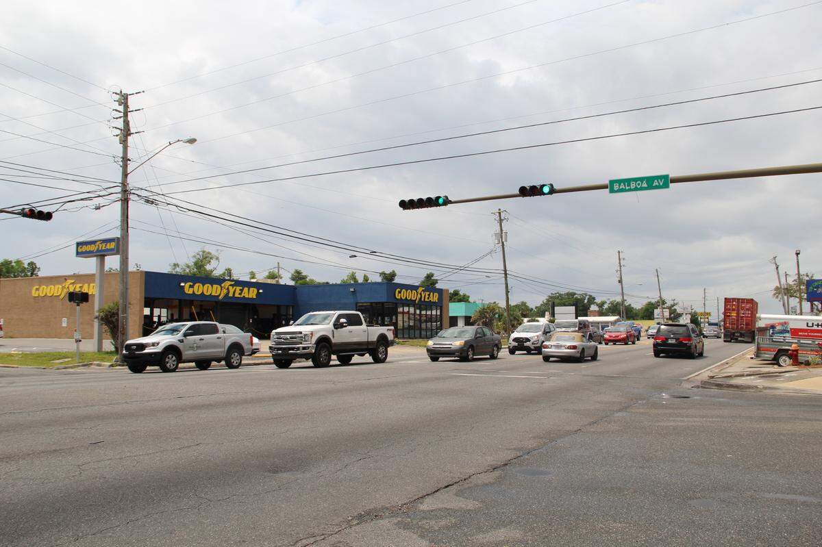 Balboa Cemetery in Panama City, Florida, is believed to be under the Goodyear Tire & Rubber Co. store pictured here on the southwest corner of Balboa Avenue and 15th Street on April 26, 2022. This location is about a half-mile away from Oakland Cemetery.