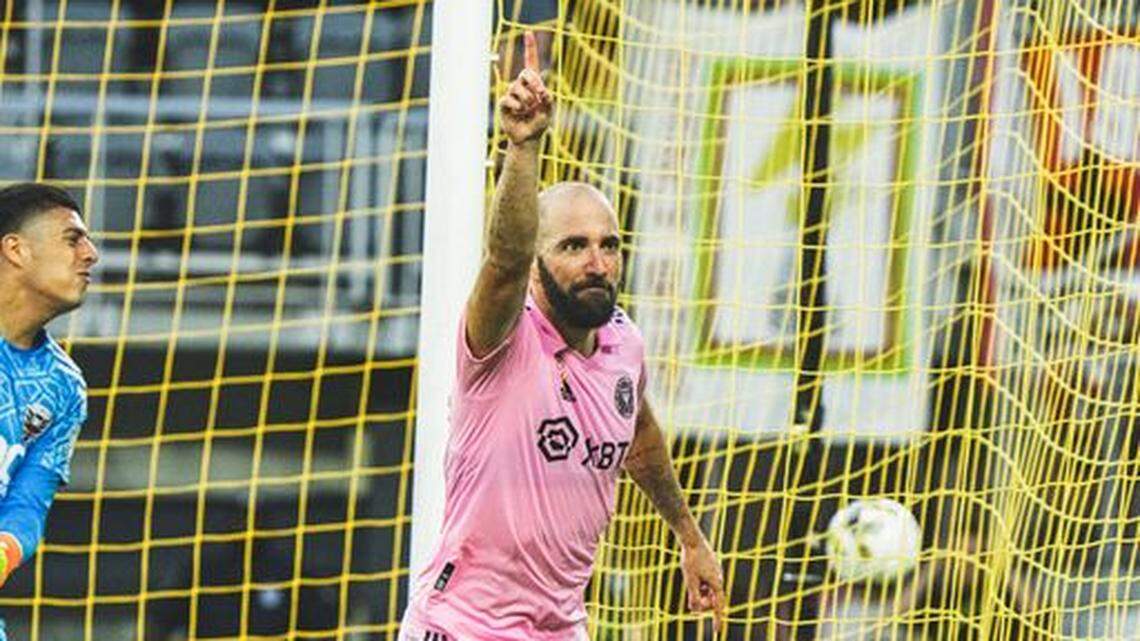 Gonzalo Higuain celebrates his game-winning goal as Inter Miami beat D.C. United 3-2 on the road at Audi Field in a game marred by an alleged racial slur by D.C. player Taxi Fountas.
