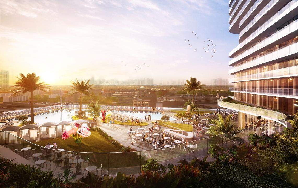 Rendering of the pool deck looking to the west at the new proposed Miami Beach convention center hotel.