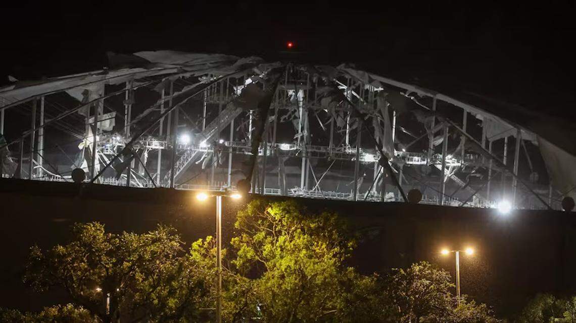 The roof of Tropicana Field is torn as Hurricane Milton passes Thursday, Oct. 10, 2024 in St. Petersburg.