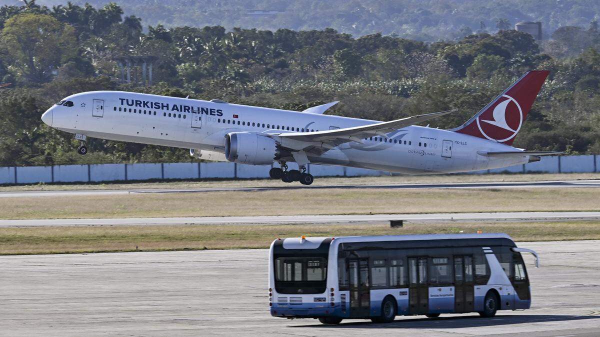 A Turkish Airlines plane takes off at Jose Marti International Airport in Havana on February 9, 2026. 