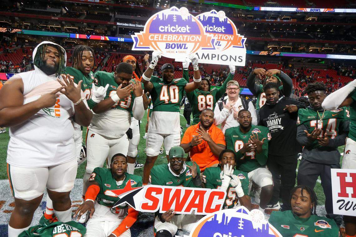 Florida A&M players celebrate after a victory against the Howard Bison in the Celebration Bowl at Mercedes-Benz Stadium last December. After the departure of coach Willie Simmons to Duke, the Rattlers will try to replicate last season’s success under new coach James Colzie III.
