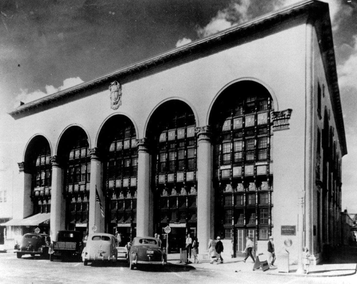 This photo was taken in 1934, when the bank building was occupied by First National Bank of Hollywood.