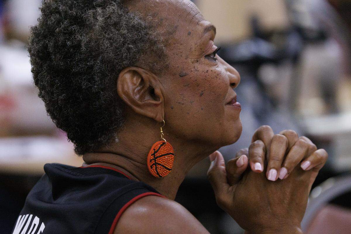Catherine Williams, second year veteran for the Golden Oldies, waits to learn the dance during the Heat Golden Oldies auditions for the Miami HEAT senior dance team on Thursday, Sept. 25, 2025, at Southwest Focal Point Community Center in Pembroke Pines, Fla.