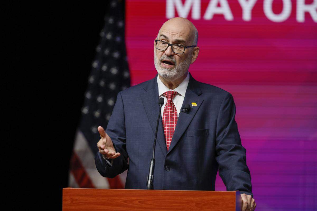 City of Miami mayoral candidate Emilio T. Gonzalez speaks during the Miami Mayoral Debate at the Ziff Ballet Opera House at the Adrienne Arsht Center in Miami, FL, on Thursday, October 16, 2025.