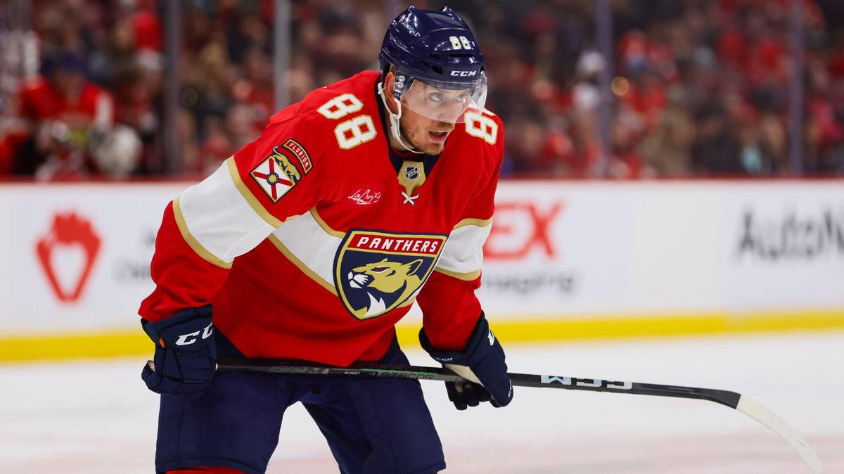 Florida Panthers defenseman Nate Schmidt (88) looks on against the Nashville Predators during the first period of an NHL preseason game at Amerant Bank Arena in Sunrise, Florida, on Sunday, September 22, 2024.