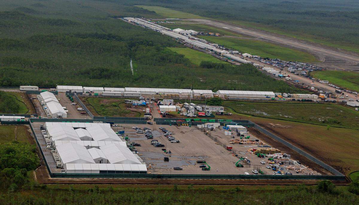 Aerial view of structures at the recently opened migrant detention center, “Alligator Alcatraz,” located at the site of the Dade-Collier Training and Transition Airport in Ochopee, Florida on Friday July 04, 2025.