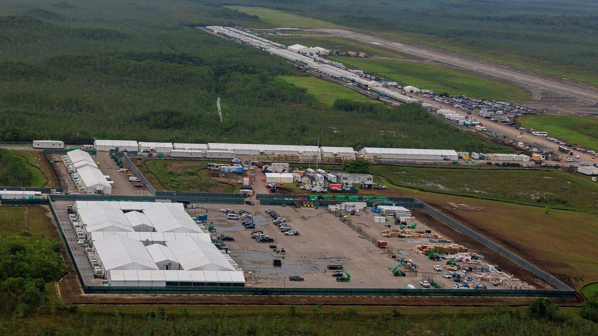 Aerial view of structures at the recently opened migrant detention center, “Alligator Alcatraz,” located at the site of the Dade-Collier Training and Transition Airport in Ochopee, Florida on Friday July 04, 2025.