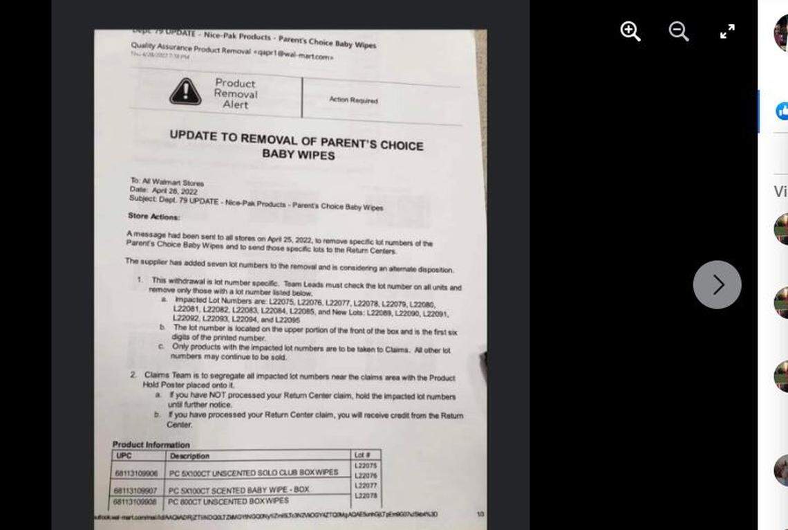 A Facebook post of Walmart’s “Product Removal Alert” sent to stores about Parent’s Choice Baby Wipes.