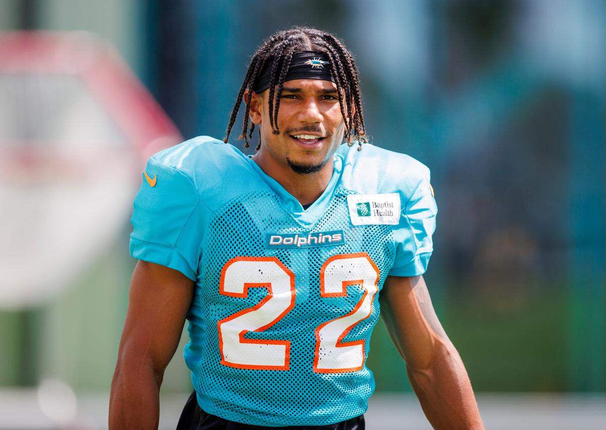 Miami Dolphins defensive back Elijah Campbell (22) looks on during NFL football training camp at Baptist Health Training Complex in Hard Rock Stadium on Tuesday, August 2, 2022 in Miami Gardens, Florida.