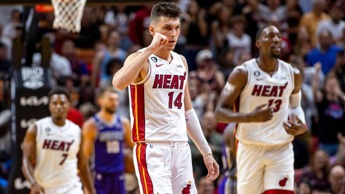 Miami Heat guard Tyler Herro (14) reacts during the second half of an NBA game against the Sacramento Kings at FTX Arena in Downtown Miami, Florida, on Wednesday, November 2, 2022.
