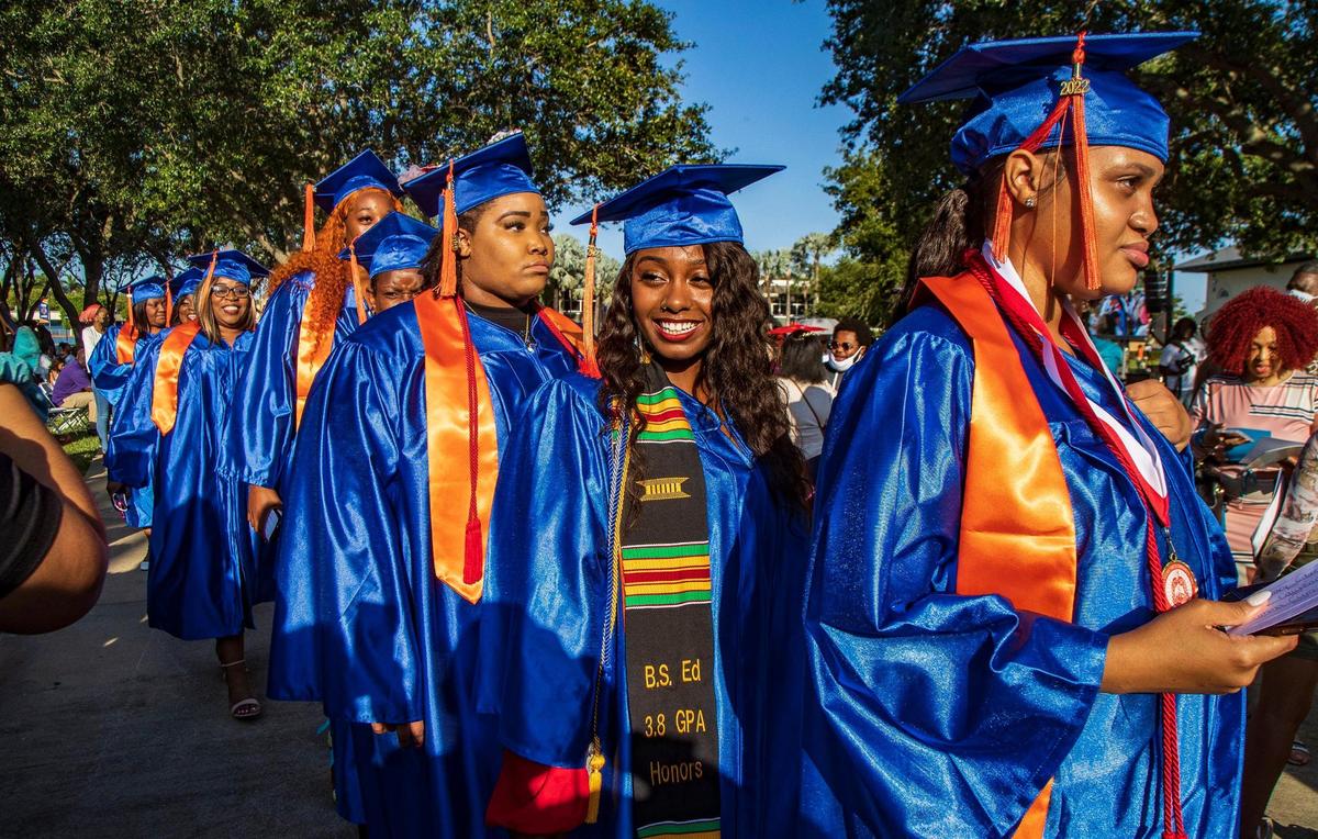 Students celebrate during the Spring 2022 Commencement ceremony at Florida Memorial University in Miami Gardens, on Saturday May 14, 2022.
