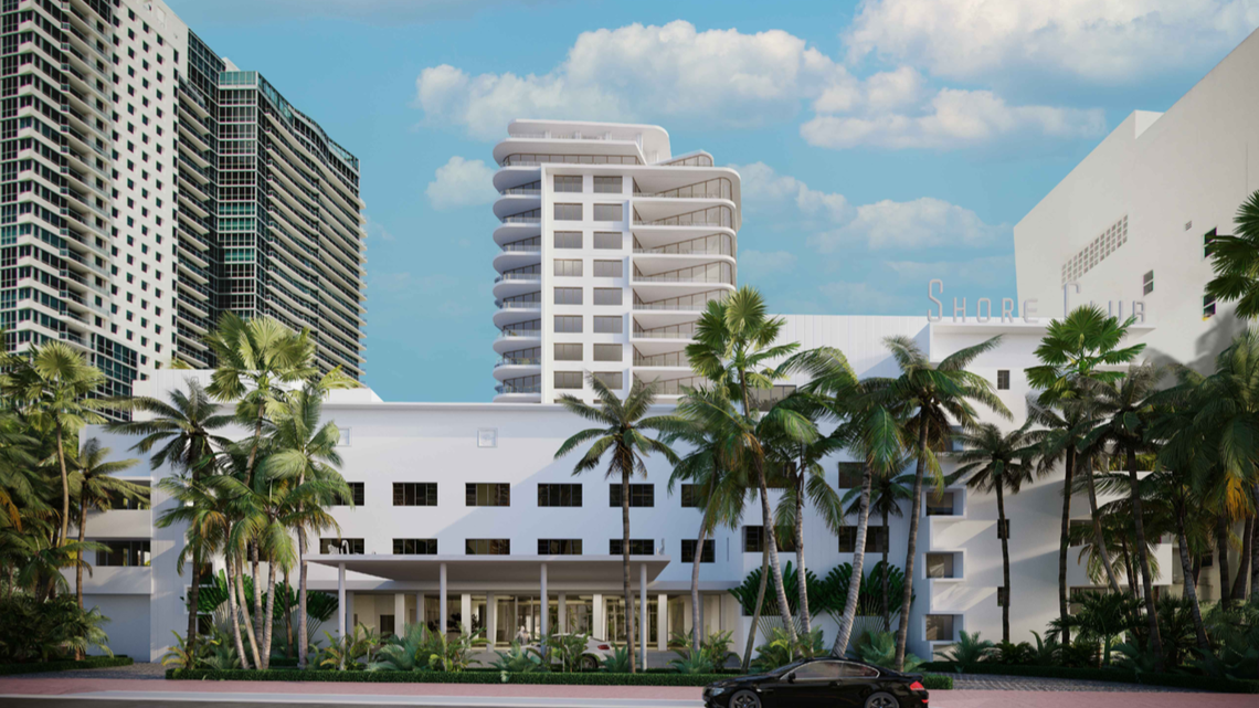 The planned exterior for the redevelopment of the Shore Club and the new residential tower rising behind it in Miami Beach, located at 1901 Collins Ave.