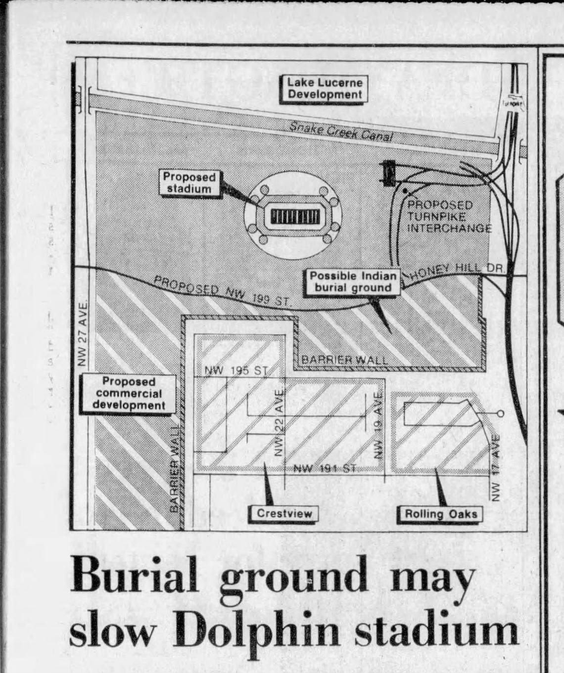 An illustration that appeared in a 1985 Miami Herald newspaper showing where a possible Native American burial ground was found near the Miami Dolphins’ stadium. Archaeologists later determined the artifacts were from the Tequesta and Seminoles.