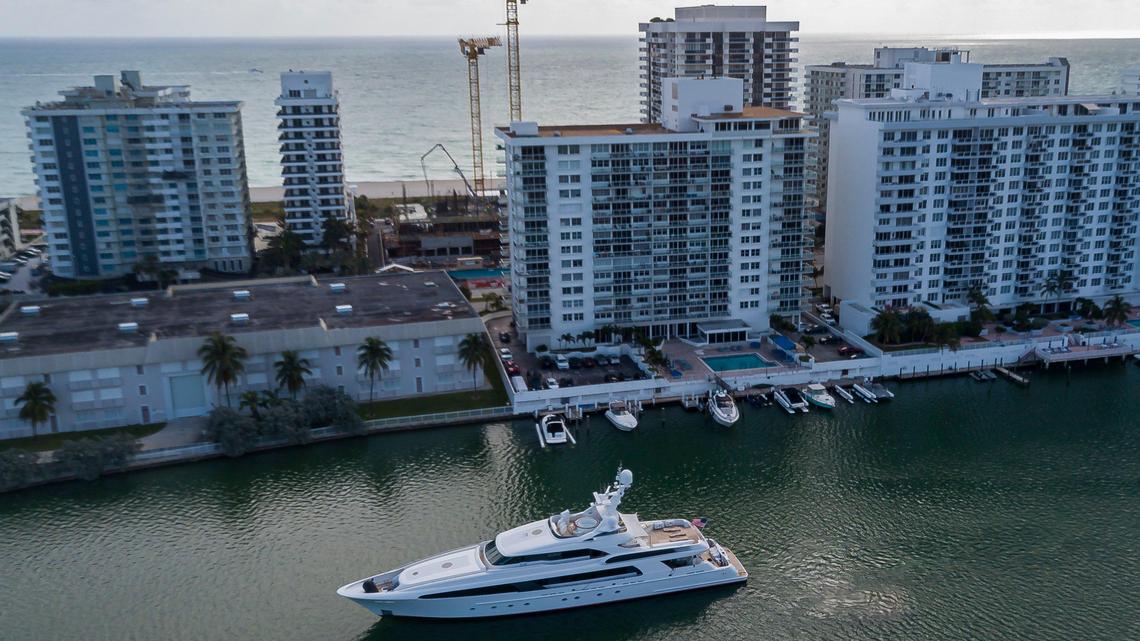USHER, the 154-foot luxury motor yacht, makes its way down Indian Creek in Miami Beach toward downtown Miami on Feb. 12, 2020. The vessel was part of the 2020 Miami Yacht Show.