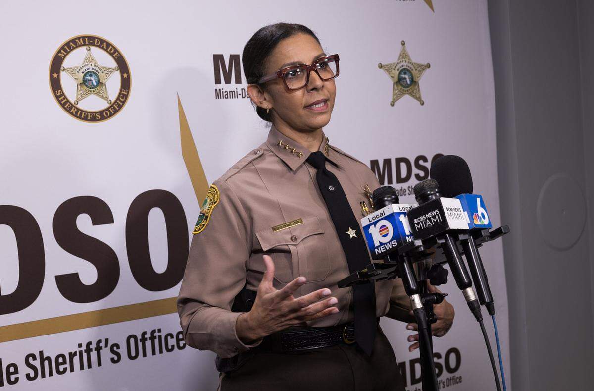 Miami-Dade Sheriff Rosie Cordero-Stutz speaks during a press conference at the Sheriff Office headquarters in Doral, about the death of Miami-Dade Deputy Devin Jaramillo, who was shot and killed as he responded to a traffic accident, on Saturday November 08, 2025.