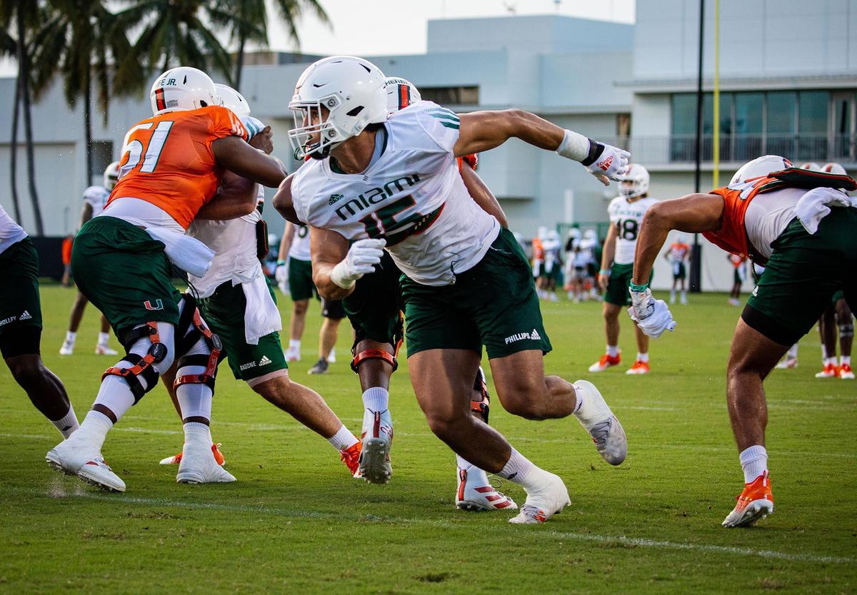 Miami Hurricanes defensive end Jaelan Phillips formerly played at UCLA. He transferred to UM in 2019 and is shown practicing during August, 2020 training camp.
