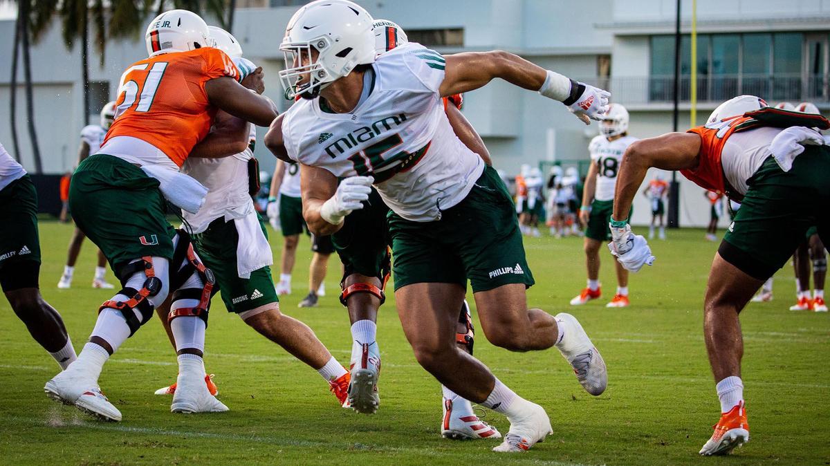 Miami Hurricanes defensive end Jaelan Phillips formerly played at UCLA. He transferred to UM in 2019 and is shown practicing during August, 2020 training camp.