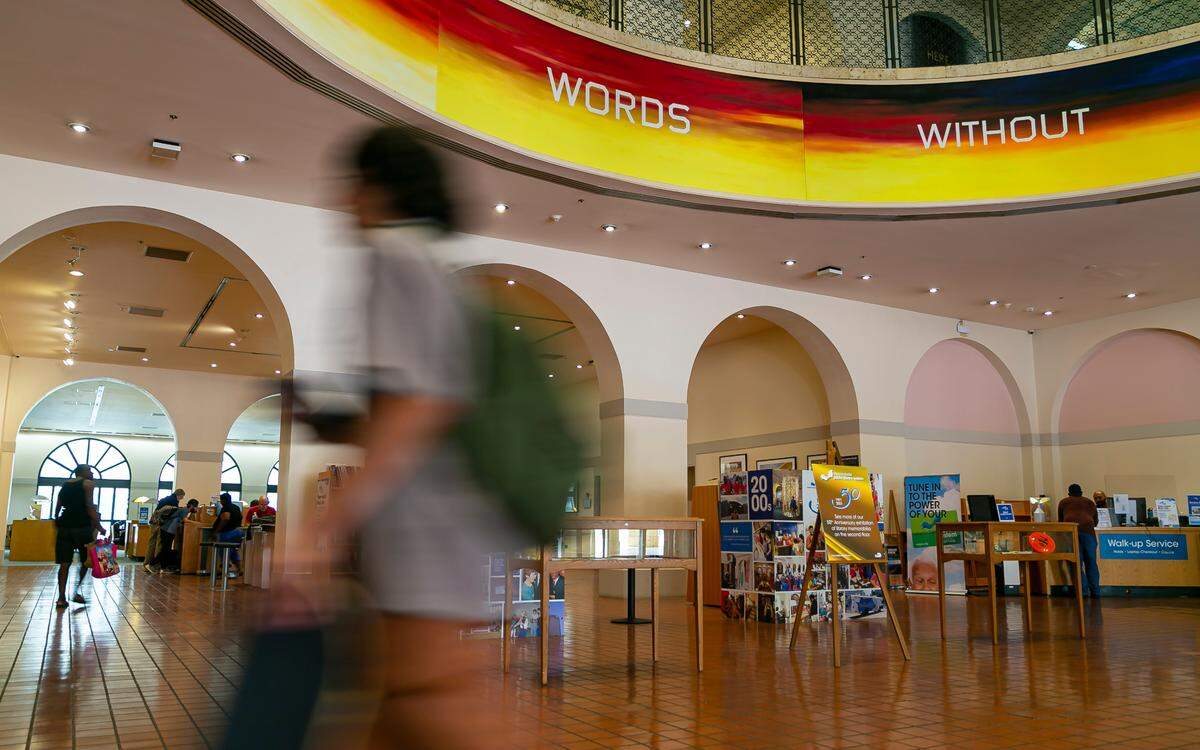 This is a partial view of Edward Ruscha’s 360-degree frieze, “Words Without Thoughts Never to Heaven Go,” on the entry rotunda at the Miami-Dade County Main Library in downtown Miami.
