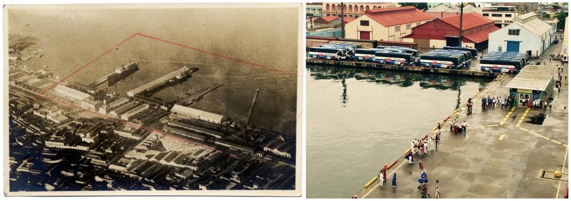 On the left is a 1941 photo of the terminal and warehouse facilities, center, operated by La Maritima Parreño at the port in Santiago de Cuba. The property was confiscated by the Cuban government in 1960. On the right is a partial view of the same warehouses and pier in a 2016 photo.