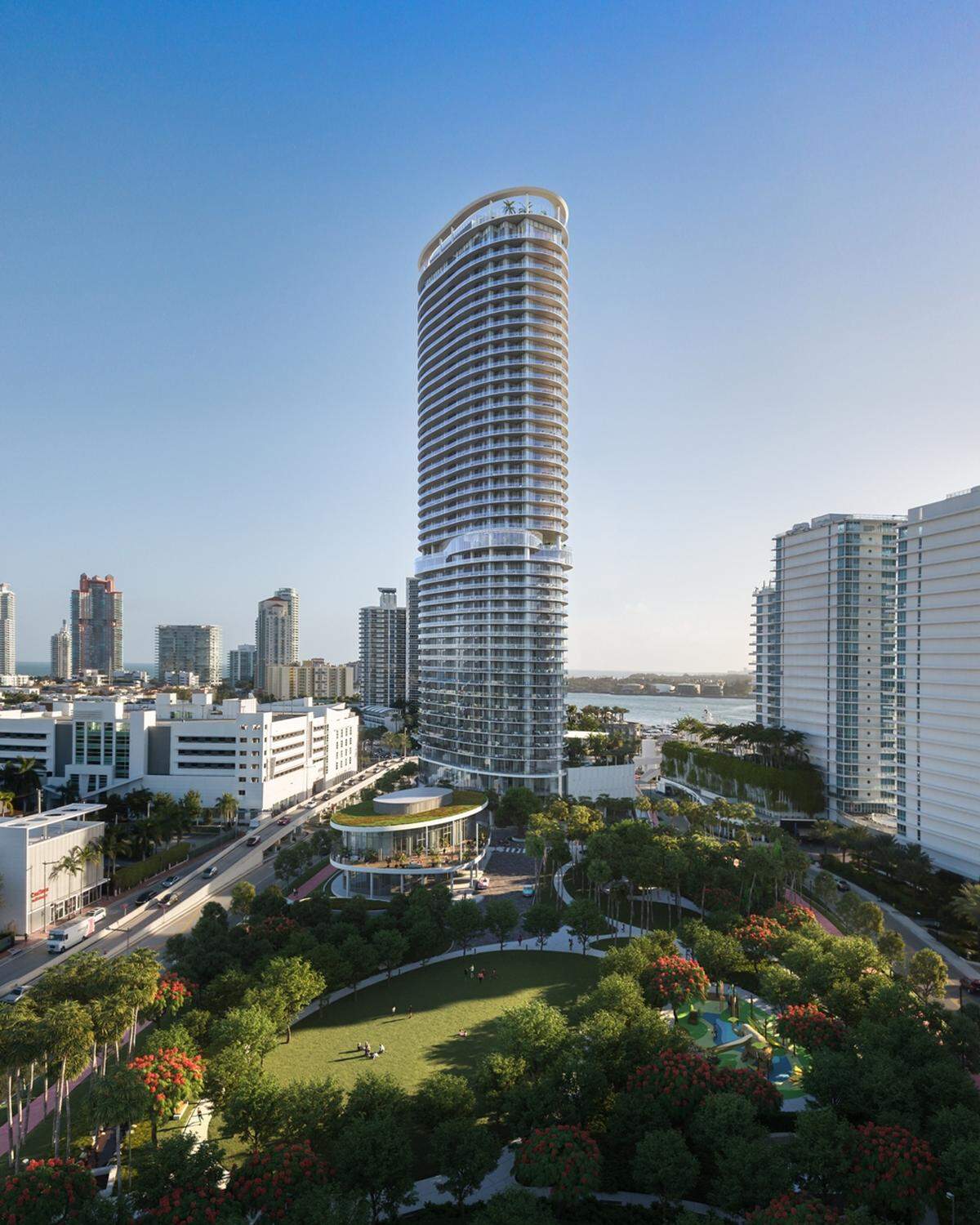 The Five Park condo tower and the accompanying eco-friendly Canopy Park at Fifth Street and Alton Road in Miami Beach were developed by Terra Group and Crescent Heights and designed by Miami’s Arquitectonica and Arquitectonica GEO.