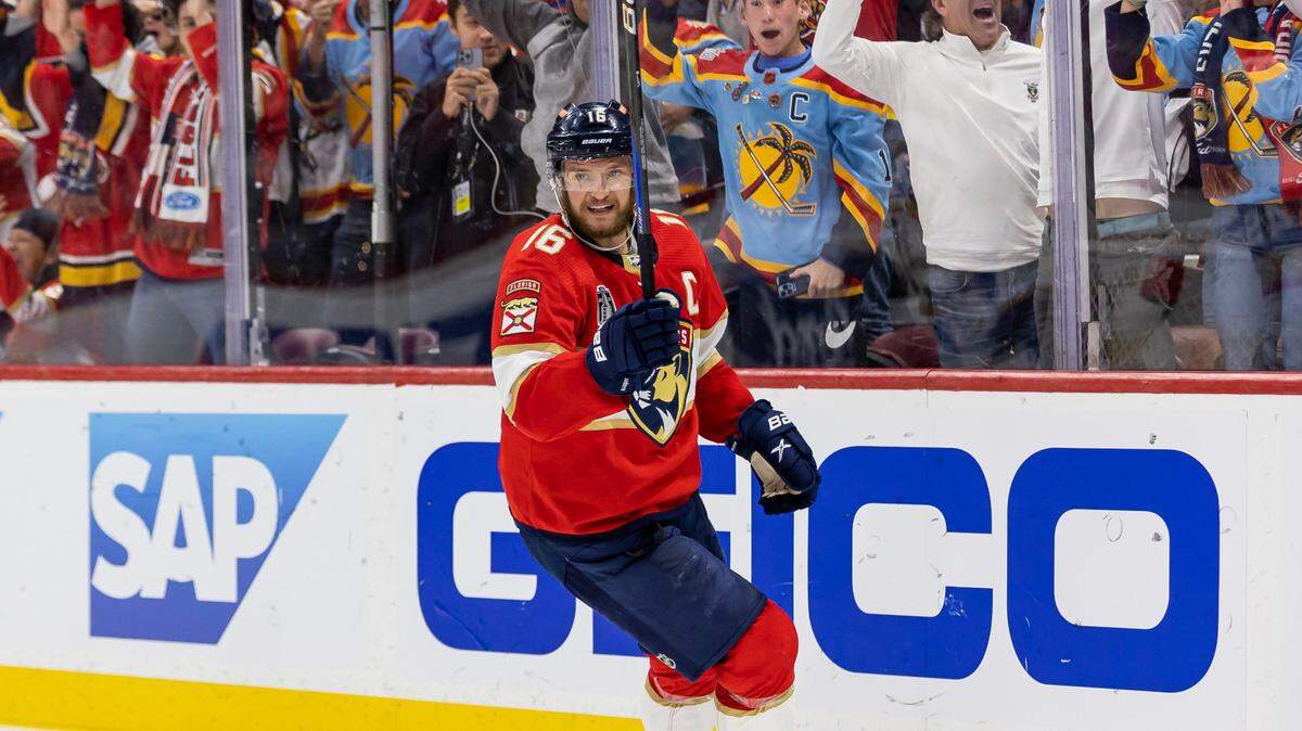 Florida Panthers center Aleksander Barkov (16) celebrates after scoring a goal against the Vegas Golden Knights in the third period of Game 4 of the NHL Stanley Cup Final at the FLA Live Arena on Saturday, June 10, 2023, in Sunrise, Fla.