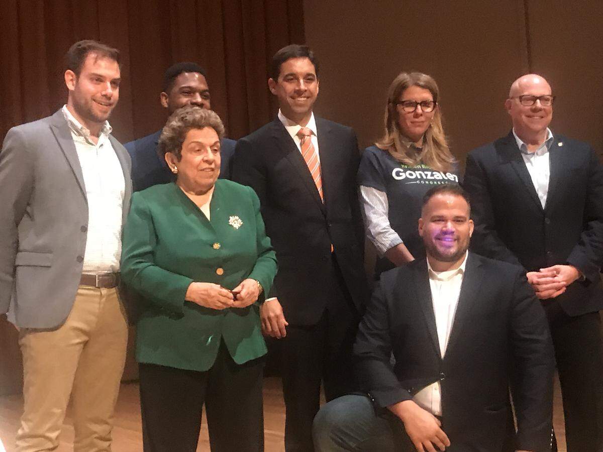 From left: Miami-Dade Democratic Party Chairman Steve Simeonidis poses after a Democratic congressional primary debate in 2018 next to U.S. Rep. Donna Shalala, Michael Hepburn, Matt Haggman, Kristen Rosen Gonzalez, Ricky Junquera (front) and David Richardson.