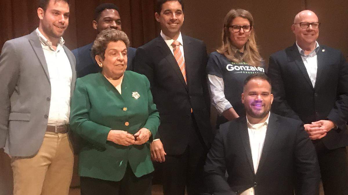 From left to right: Miami-Dade Democratic Party Chairman Steve Simeonidis is seen after a Democratic congressional primary debate in 2018 next to U.S. Rep. Donna Shalala (front), Michael Hepburn (back), Matt Haggman, Kristen Rosen Gonzalez, Ricky Junquera (front), David Richardson.