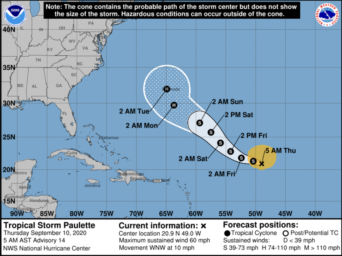 Tropical Storm Paulette’s forecast shows it being at hurricane level strength by the time it nears Bermuda early Monday.