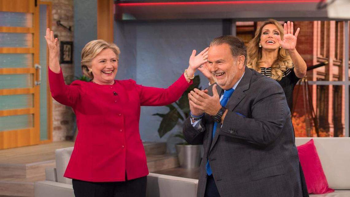 Democratic presidential candidate Hillary Clinton danced in 'El Gordo y la Flaca' with the co-host of the program, Raul de Molina. Behind, Lili Estefan applauds.