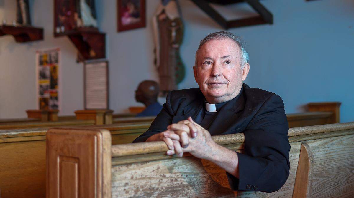 Father Bob Caudill at All Saints Catholic Mission feeds the homeless every day, despite city officials claiming it was against the rules. He gathers his thoughts while addressing the importance of carrying for those most in need on Monday, January 26, 2026, in Oakland Park, Florida. The city fined him $150 each day since 2016. He sued the city for religious discrimination. The trial was set to begin soon.