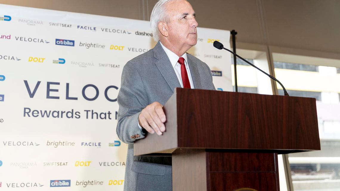 Mayor Carlos Gimenez launches Velocia, a new app that rewards smart, multi-modal transit use at press conference in Miami, Florida on Thursday, December 5, 2019.