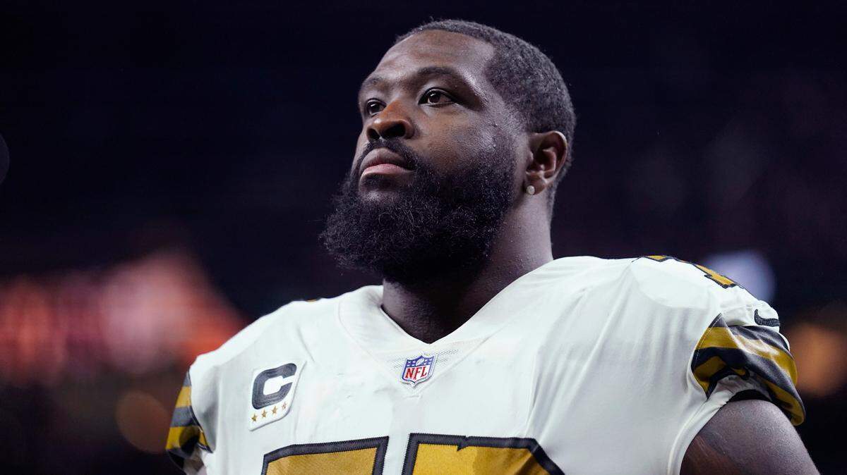New Orleans Saints offensive tackle Terron Armstead (72) watches from the sideline in the first half of an NFL football game against the Buffalo Bills in New Orleans, Thursday, Nov. 25, 2021. (AP Photo/Derick Hingle)
