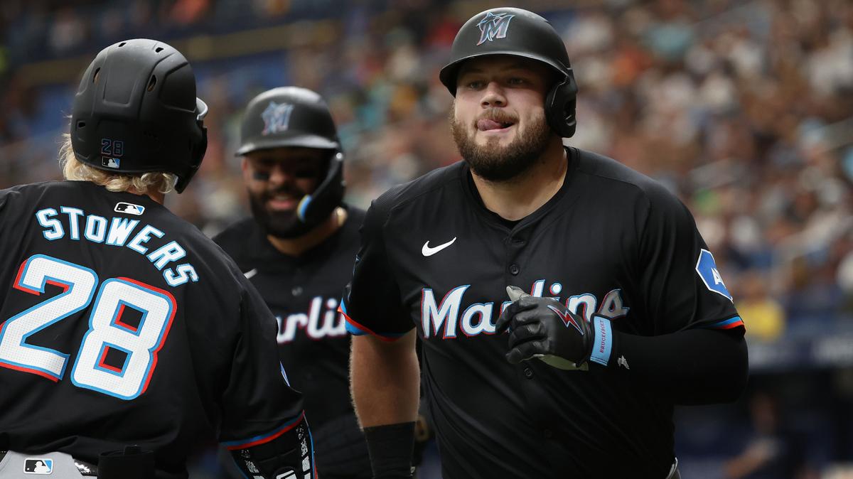 Jul 31, 2024; St. Petersburg, Florida, USA; Miami Marlins third baseman Jake Burger (36) celebrates with left fielder Kyle Stowers (28) after hitting a two run home run against the Tampa Bay Rays during the third inning at Tropicana Field. Mandatory Credit: Kim Klement Neitzel-USA TODAY Sports