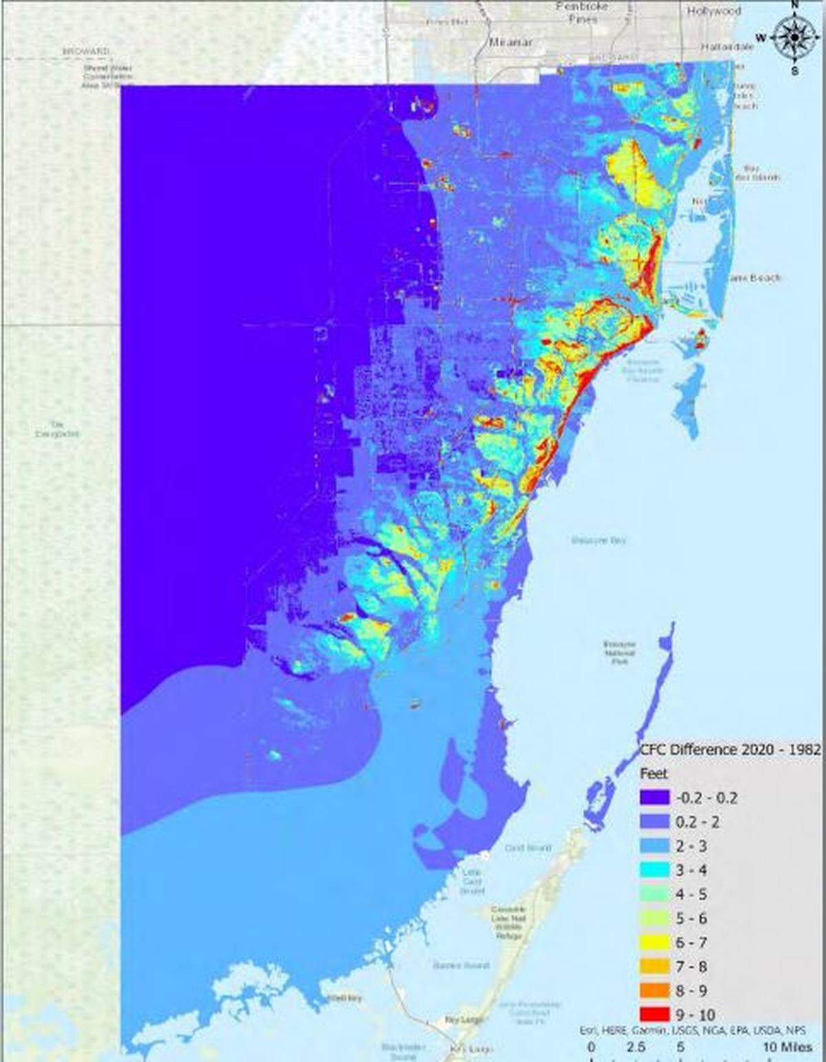 Miami-Dade County is considering raising the minimum elevation for seawalls, roads, canal banks and the fill underneath new buildings from 3.45 feet NAVD88 to 6 feet NAVD88. This chart shows the estimated difference in elevation for new parts of the county.