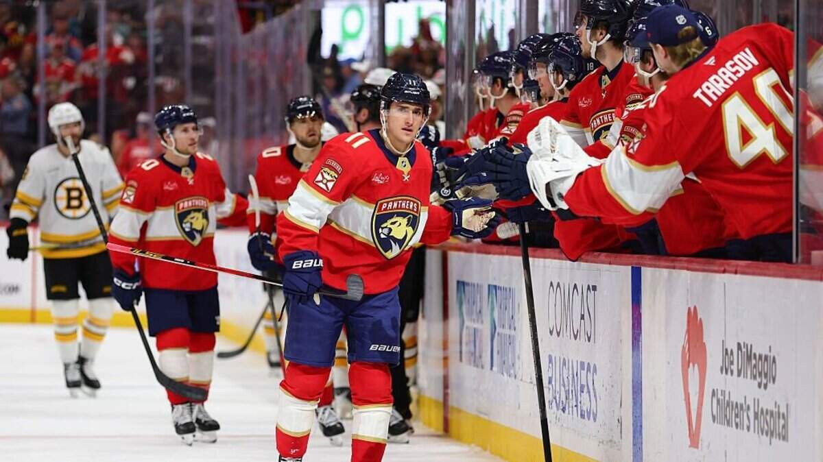 SUNRISE, FLORIDA - APRIL 02: Mackie Samoskevich #11 of the Florida Panthers celebrates with teammates after scoring a goal against the Boston Bruins during the first period of the game at Amerant Bank Arena on April 02, 2026 in Sunrise, Florida. (Photo by Megan Briggs/Getty Images)