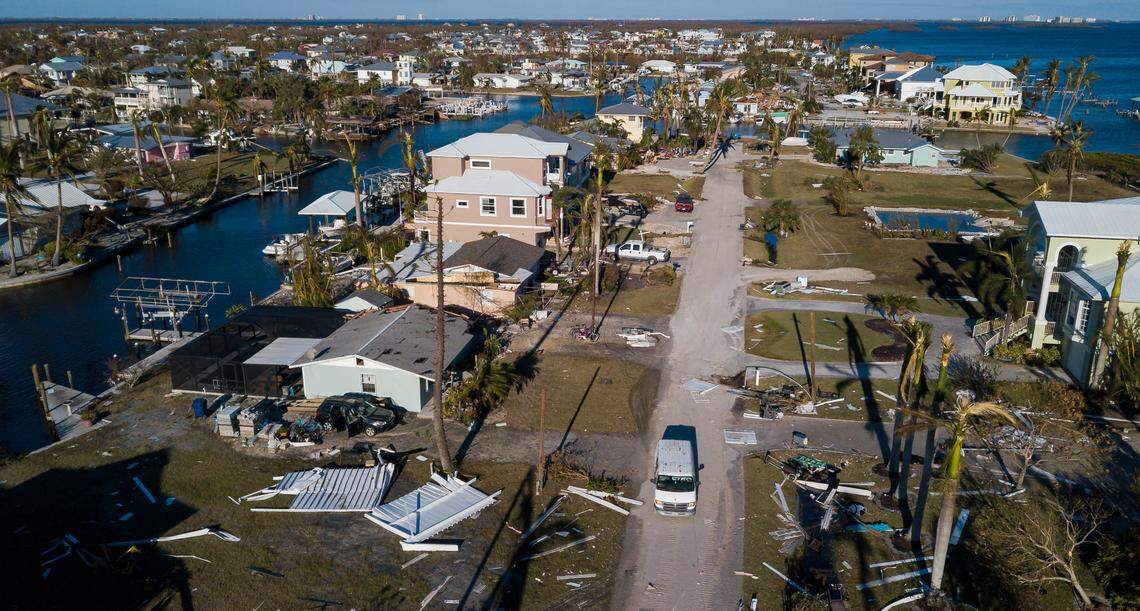 An aerial view of hurricane damage on the southern tip of St. James City on Friday, Sept. 30, 2022, in Pine Island, Florida. Hurricane Ian made landfall on the coast of Southwest Florida as a Category 4 storm on the afternoon of Sept. 28, leaving flooded streets, downed trees and scattered debris.