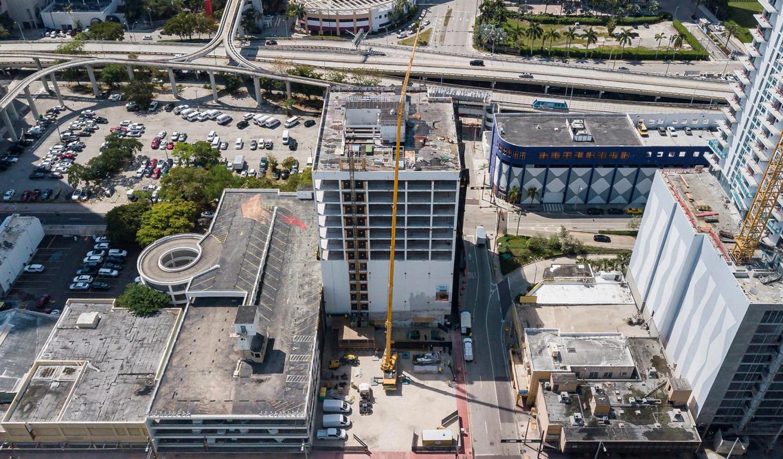 Billionaire entrepreneur Moishe Mana’s planned Nikola Testa Innovation Center, the tower in the middle, is undergoing renovation. The 10-story building, on South Miami Avenue in downtown Miami, is expected to be ready for leasing by 2023.