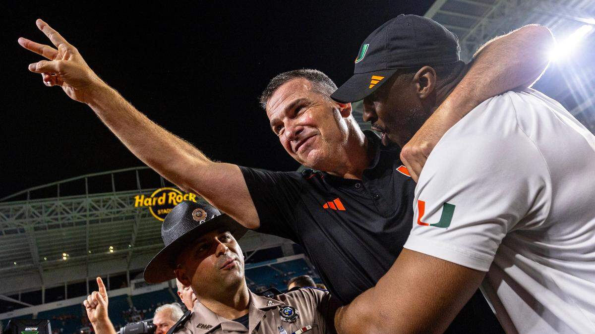 University of Miami Head Coach Mario Cristobal reacts after defeating Clemson 28-20 in double overtime during an ACC college football game at Hard Rock Stadium in Miami Gardens, Florida, on Saturday, October 21, 2023.