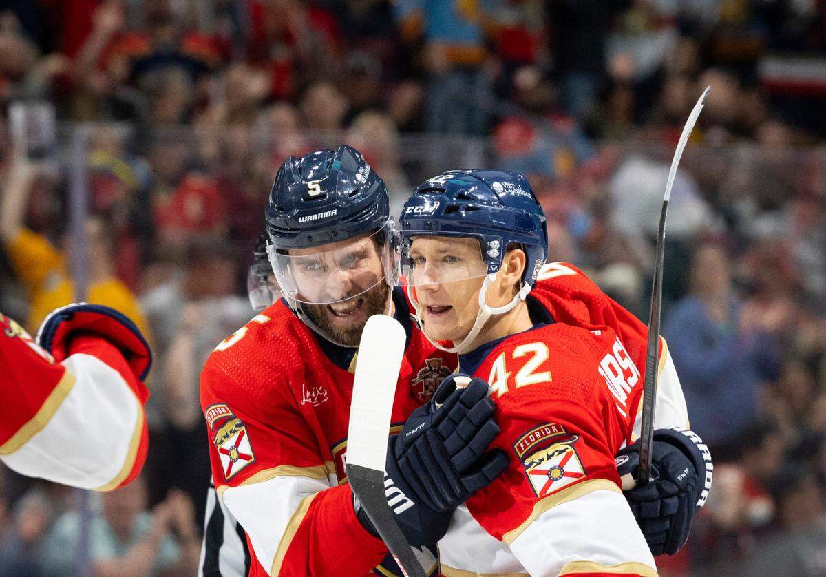 Florida Panthers defenseman Gustav Forsling (42) celebrates his goal assisted by Florida Panthers defenseman Aaron Ekblad (5) during the second period of a NHL game on Thursday, March 7, 2024 at Amerant Bank Arena in Sunrise, Fla.