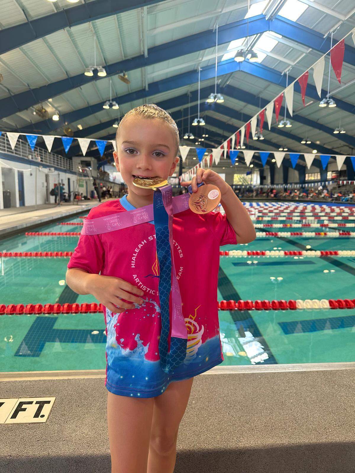 Laura Puig, 8, who won a gold medal at a tournament in Orlando, has practiced synchronized swimming with the Hialeah Stormettes Team at Milander Aquatic Center for the past nine months. Since Hialeah Mayor Bryan Calvo ordered the pool closed two weeks ago, her mother, Maria Jose Cordovez, is unsure when Laura’s training will resume.